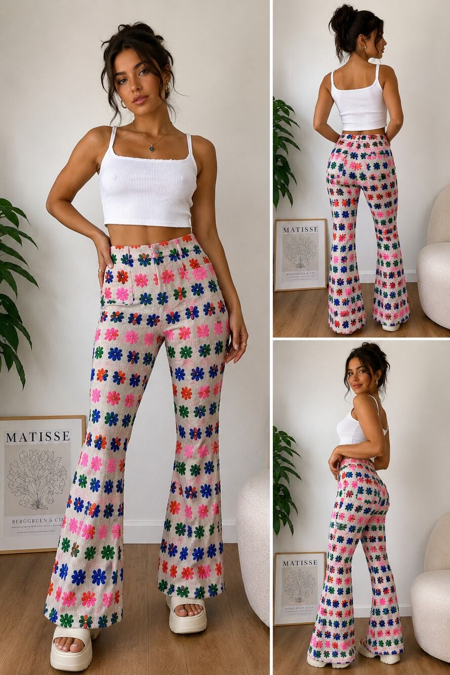 Never Fully Dressed Daisy Embroidered Flare Pants Linen Blend Floral Boho US 10